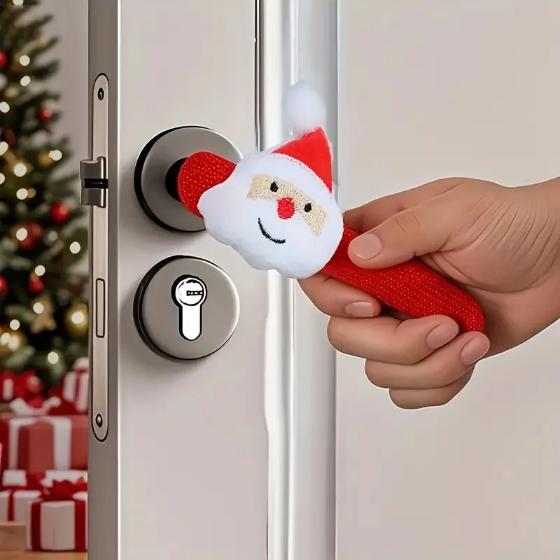 4/1pcs Festive Santa Claus Door Handle Decoration with White Fuzzy Face & Red Hat - Soft Fabric Christmas Door Knob Cover