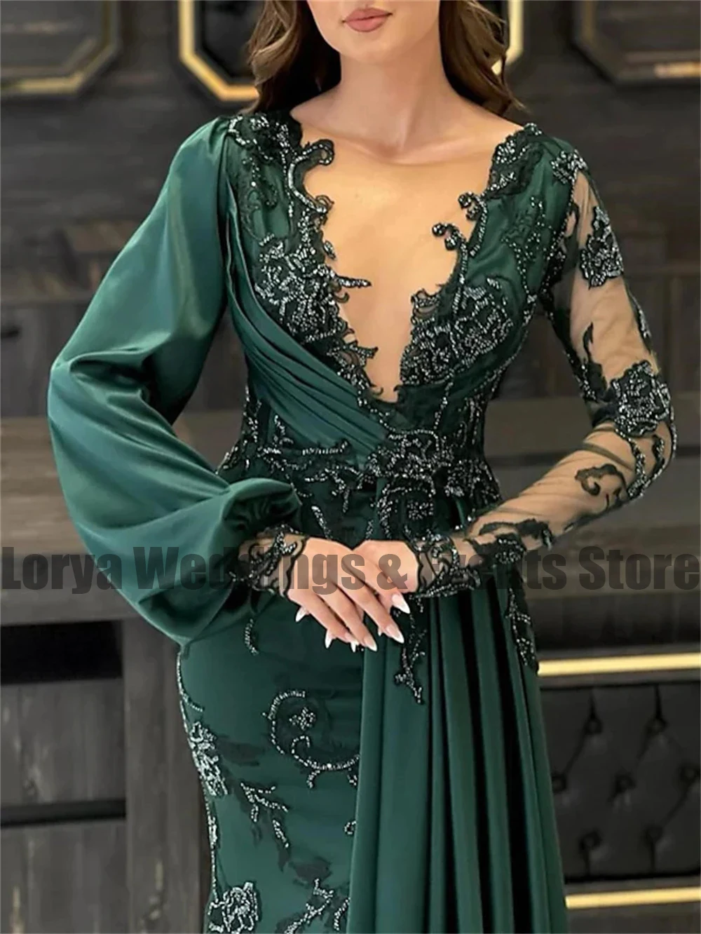 Dark Green Evening Dresses Women's Sexy V-Neck Long Sleeve Mermaid Lace Applique Luxury Princess Prom Gowns Formal Party 2023 De