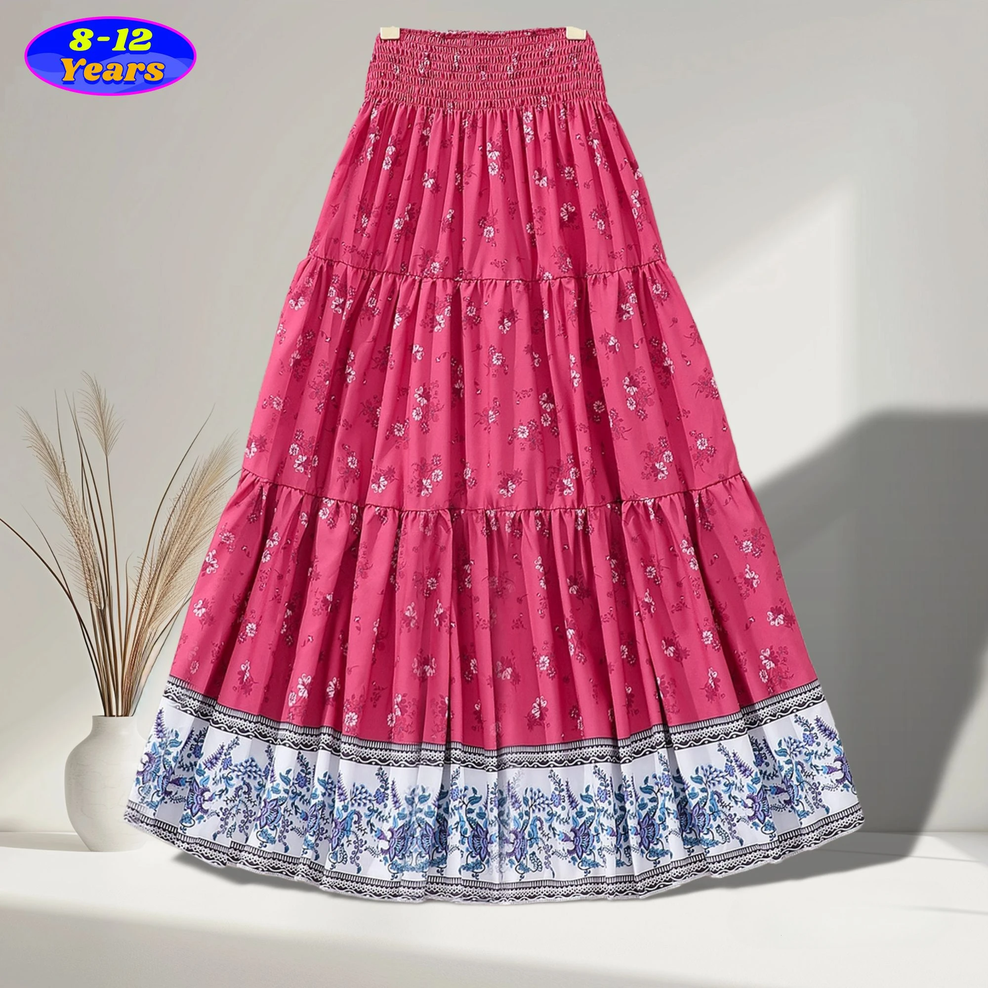 Retro Style Pattern Girl Dresses Floral Summer Fashion Skirt Big Kids Ventilate Smooth Silky Clothes 8 9 10 11 12 Yrs Old