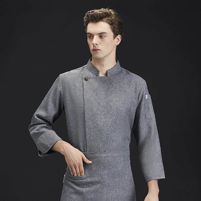 

Льняная униформа для поваров, серая, с длинными рукавами, осенне-зимний мужской фасон, для отелей, ресторанов, столовых, кухонная униформа для поваров.