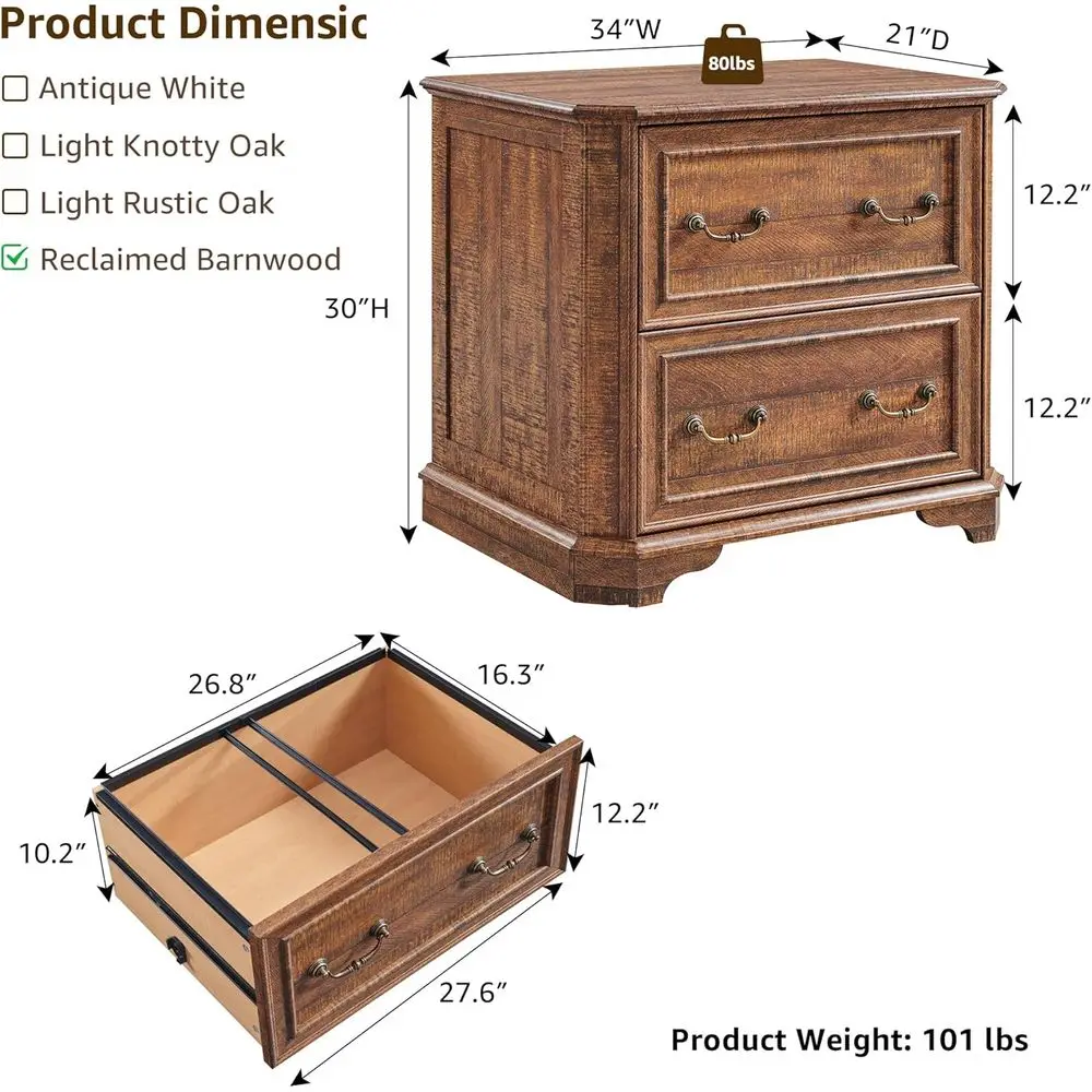 Large 2-Door Wooden Lateral Filing Cabinet with Smooth Rails, Letter/Legal File Storage, Brown Home Office Furniture