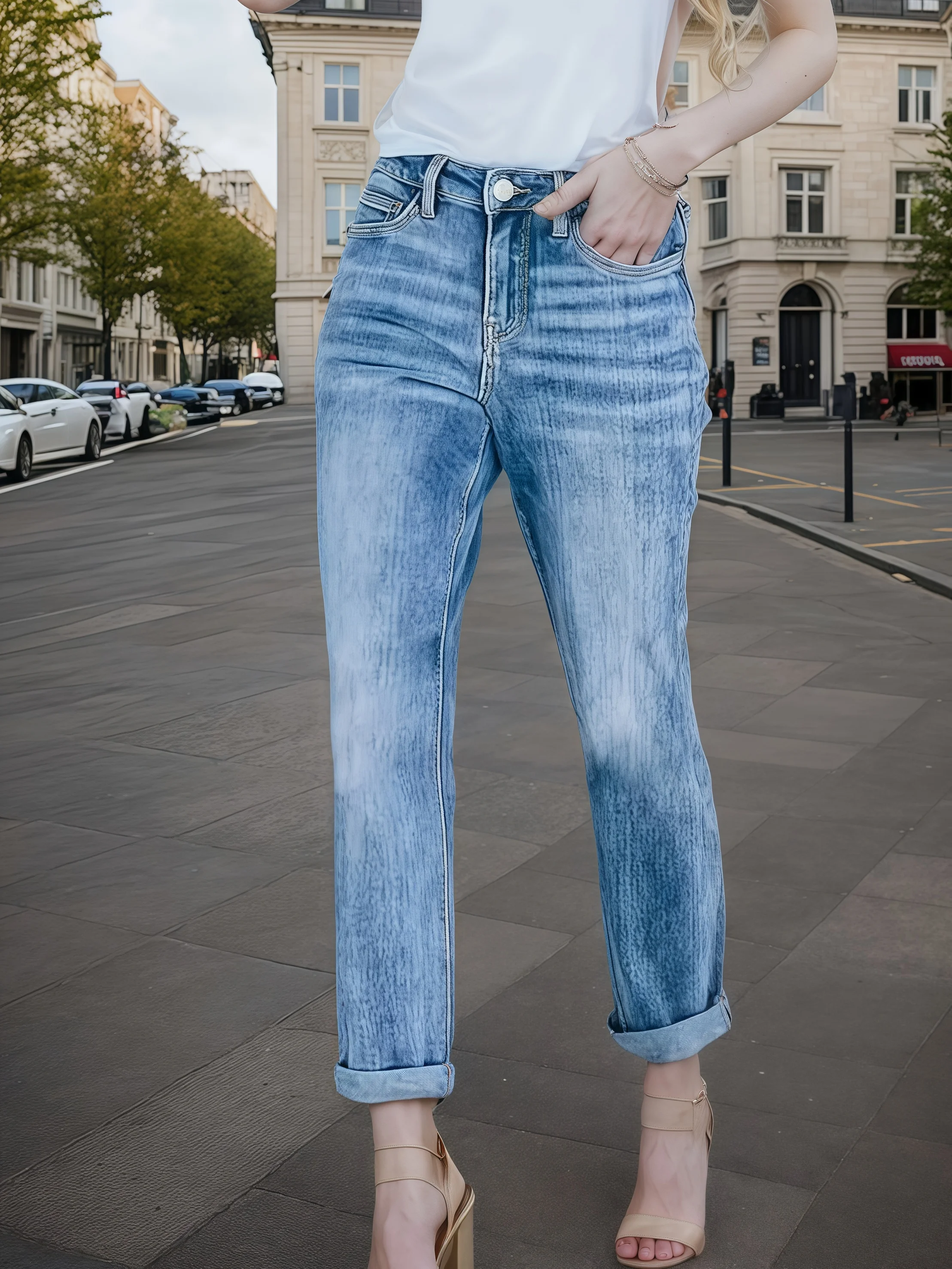 

2025 women's new fashionable and casual stretch slim fit jeans, straight leg multi pocket casual jeans, street style pants