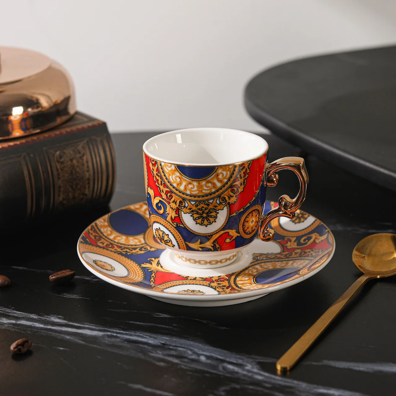 

Flower God Espresso Cups, Bone China Coffee Cup Saucer Set, Black Coffeecup Set, Coffeeware for Home Kitchen