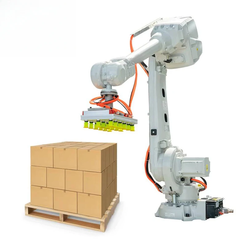 Robot Palletizing System For Robotic Stacking Of Boxes/Cartons/Cases/Bags Using Stackers And Pallet Wrapping Machines