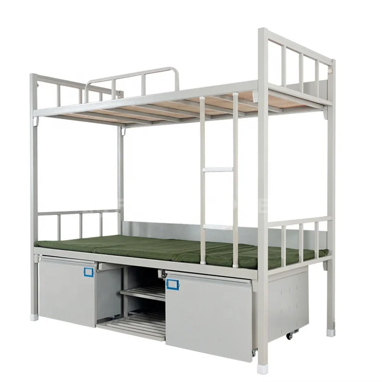 Modern Bedroom Furniture Iron Steel Double Layer Bed Metal Bunk Bed with Bottom Storage Cabinet