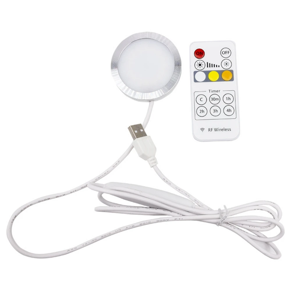 Dimmable CCT USB LED Cabinet Light 3 Colors in 1 Lamp Remote Warm/Natural White Ultra Thin Puck Light for Closet Showcase 5V DC