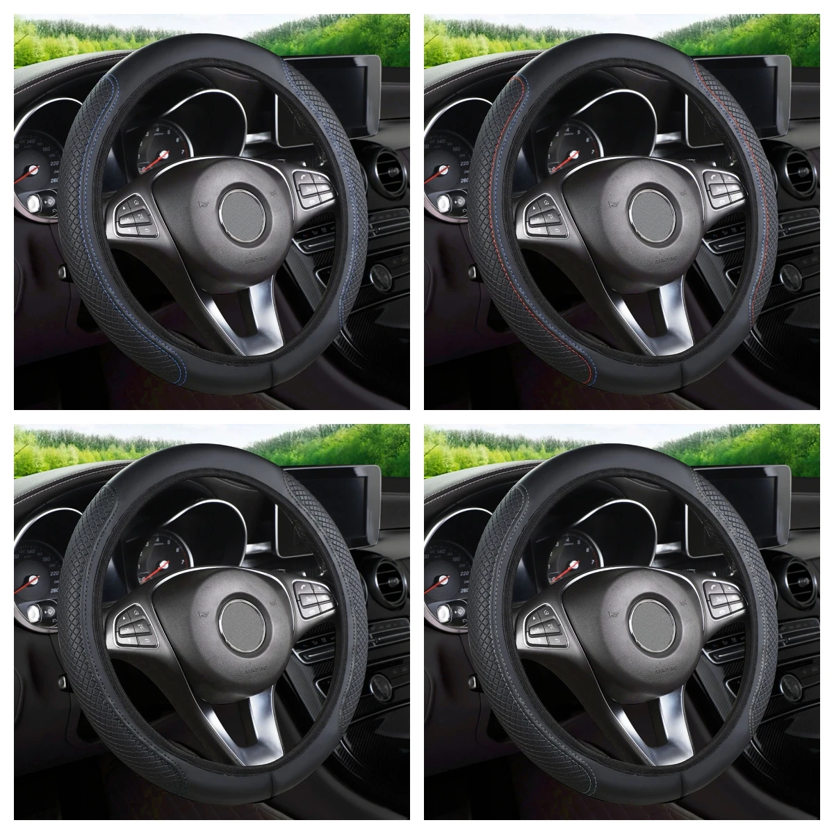 Universal Car Steering Wheel Cover - Anti-Slip Shock-Absorbing Silica Gel Particles Textured Red Stitching Auto Accessory