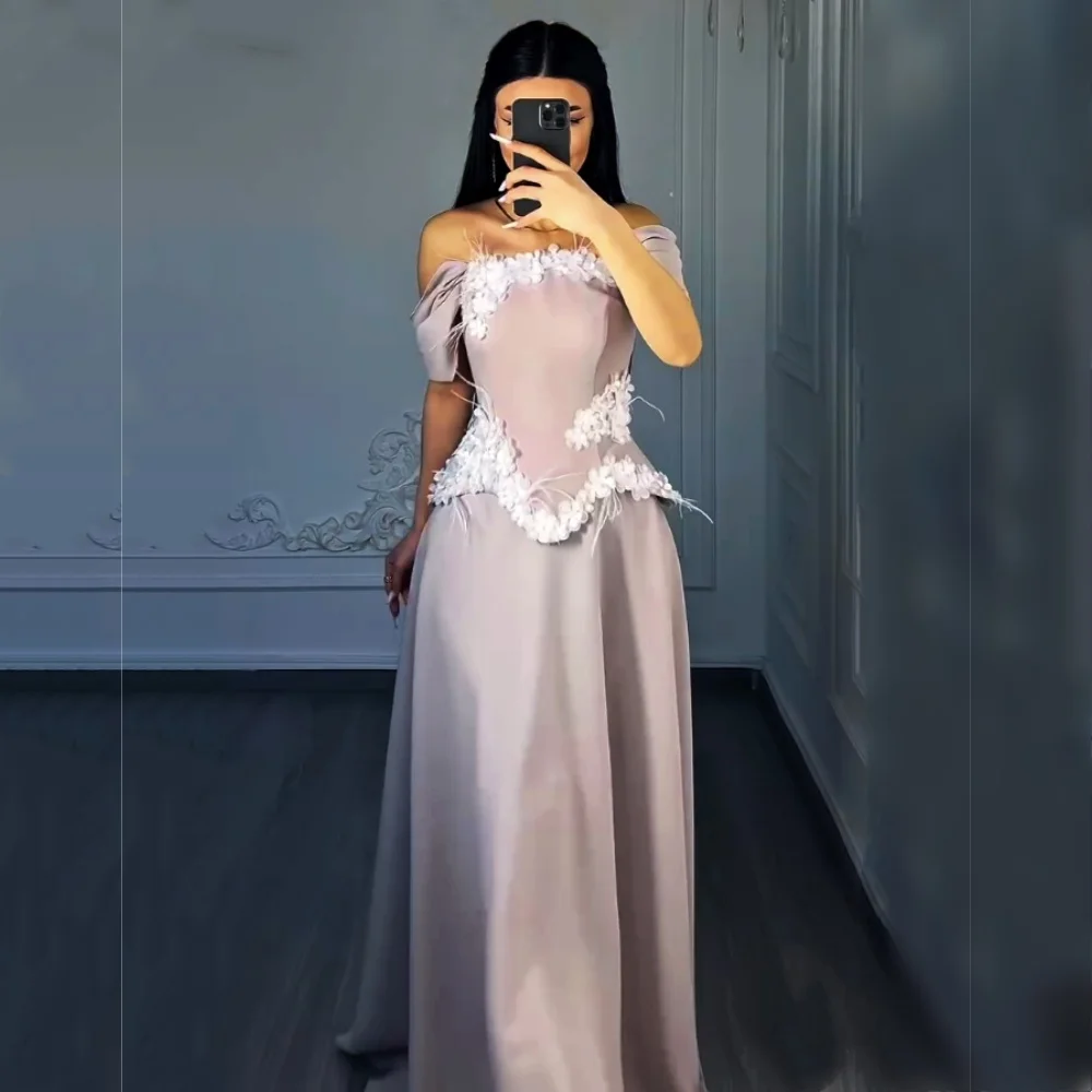 

Customized Formal Evening Dress Applique Flowers Off-the-shoulder Pleat A-line Long Dresses Elegant Party Wedding High Quality