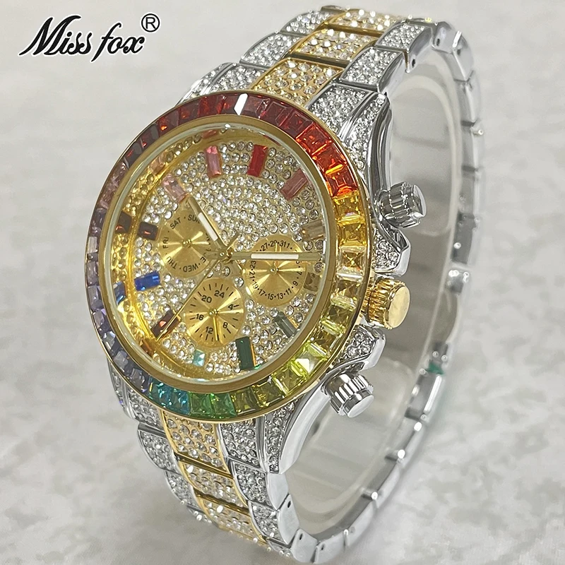 

Hot Luxury Fashion Men's Watches Brand Automatic Date Iced Out Quartz WristWatch Hip Hop Rainbow Diamond Watch Male Dropshipping