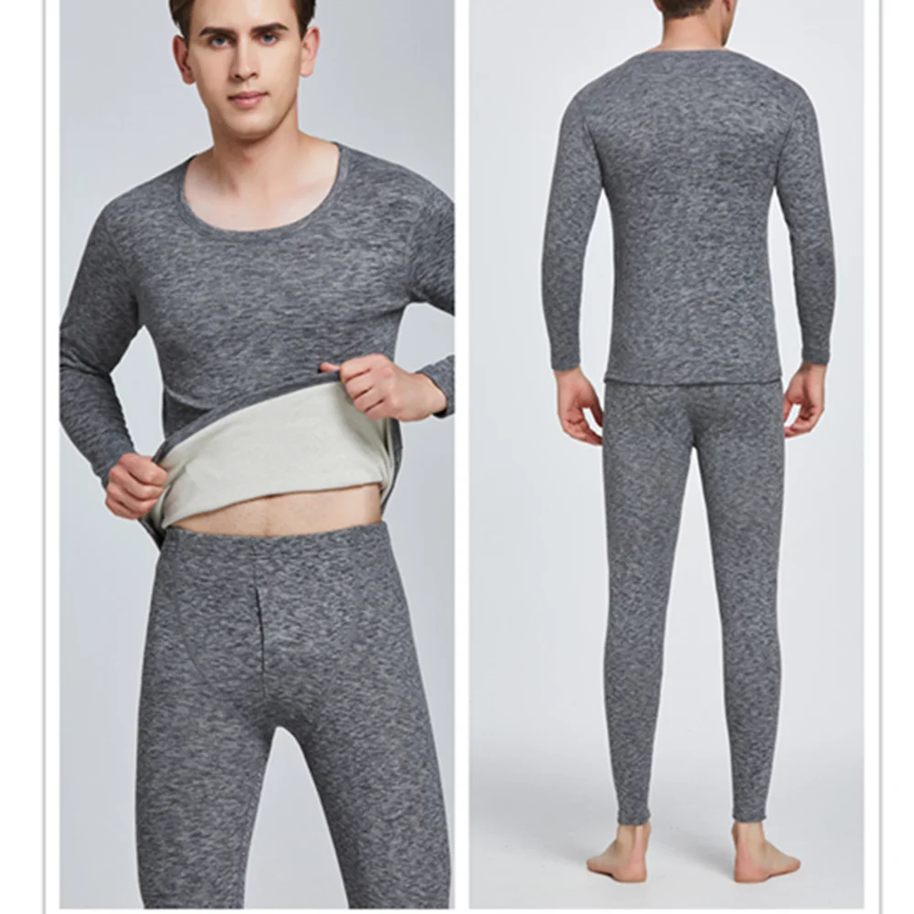 Men Thermal Underwear Suit Velvet Thicken Men\'s Cotton Wool Long Johns Winter Warm Sweater 2pcs Fleece Lined Long Johns Set