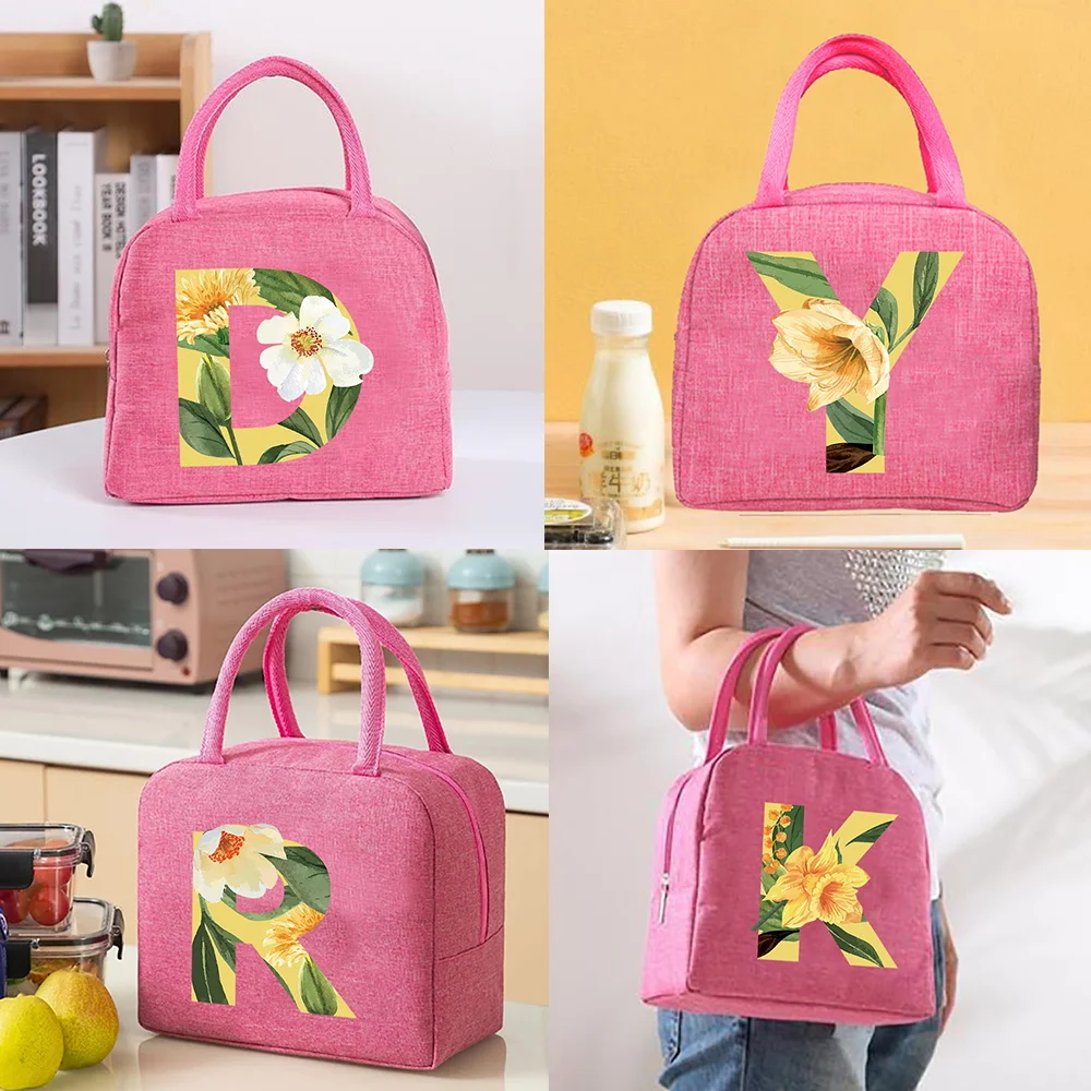 Women Lunch Bag Insulated Thermal Food Picnic Lunch Bags for Children Keep Fresh Floral Letter Print Bento Pouch Bag