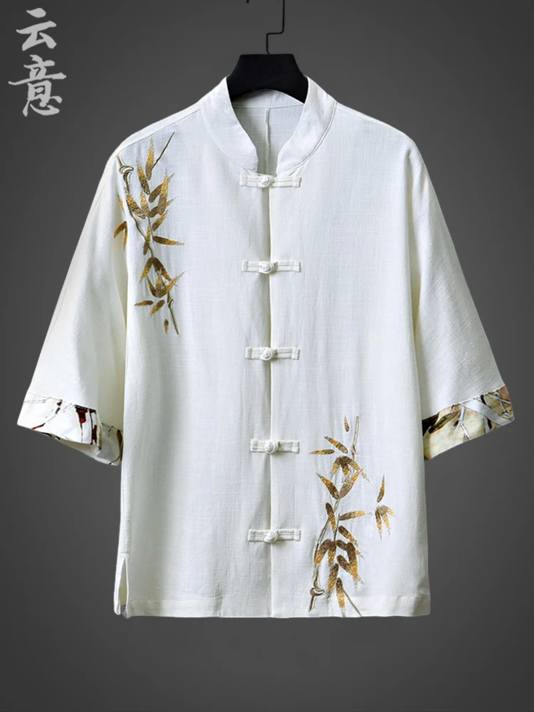 

Retro Sle Men's Cotton Linen ort Sve Embroidered irt Stand Collar Zhongan Suit New Chinese Sle irt Summer Faion