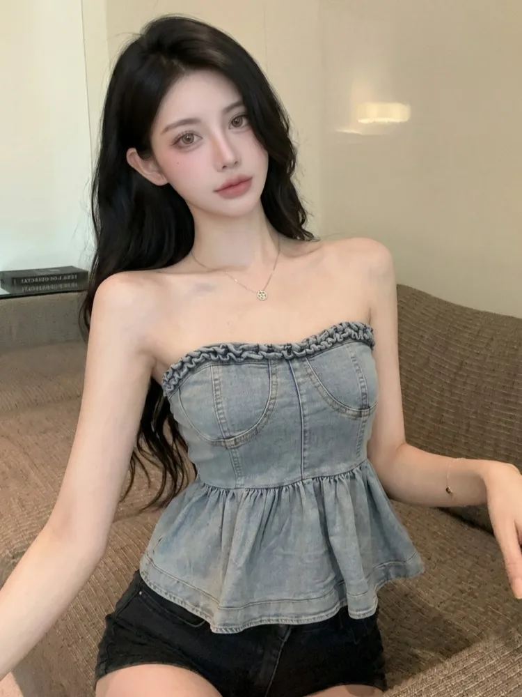 Spicy Girl Style Off-Shoulder Denim Tube Top Women Summer New Version Short Outerwear Wrap Chest Top CleanFit A-Line Narrow S...