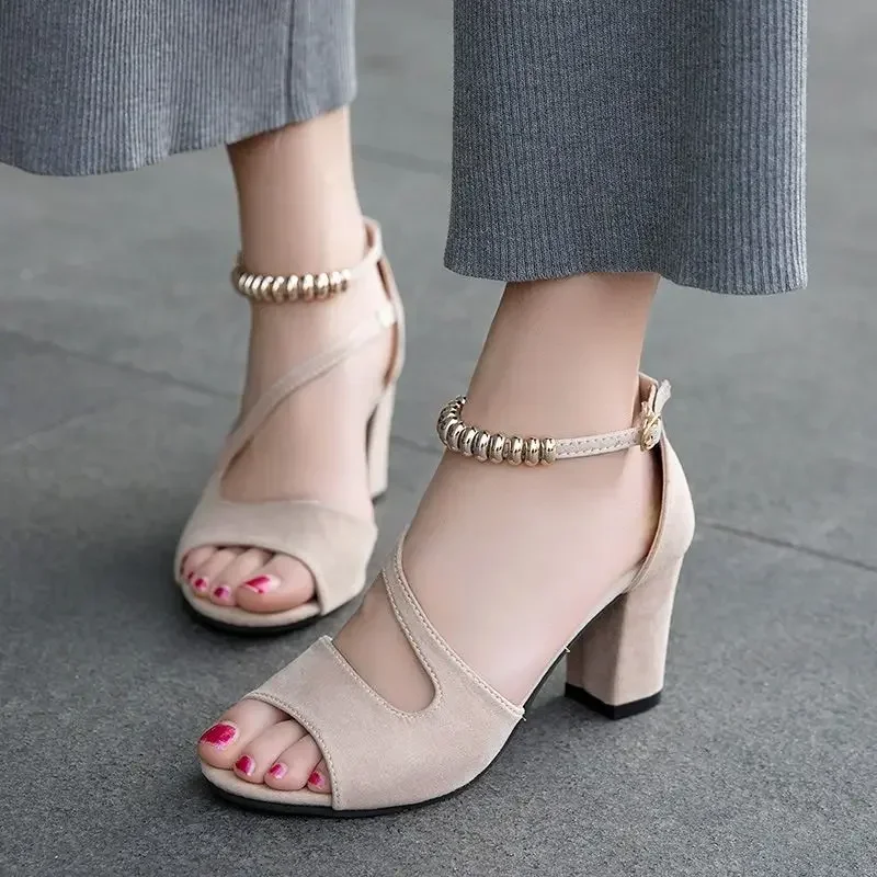 

Summer Fish Mouth Fashion Chunky Sandals Women's Medium with A Line Buckle 100 Network Red Casual Women's High Heels