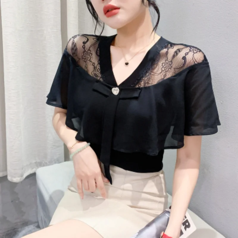 

Women's European Clothes Summer Elegant Lace V-neck Patchwork T-shirt Sweet Bow Chiffon Ruffles Patchwork Top Tees