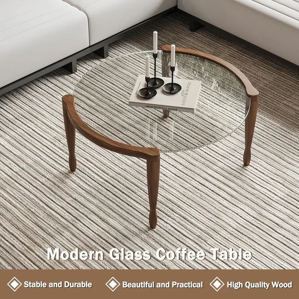 طاولة قهوة زجاجية مستديرة حديثة من منتصف القرن بأرجل خشبية، مثالية للمساحات الصغيرة