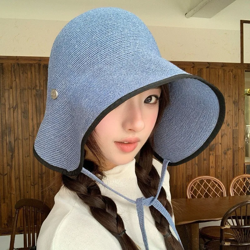 

Korean Style Simple Strappy Large Brim Bucket Hat for Women Spring and Summer Vacation Breathable Sunshade Anti-UV Sun Caps