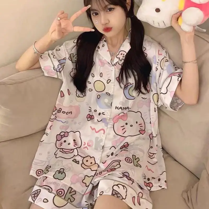 

Hello Kitty, осенние штаны из полиэстера с короткими рукавами, комплект из двух предметов, женские пижамы, шелковые пижамы, женские повседневные свободные комплекты домашней одежды