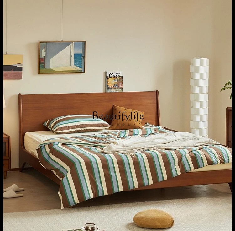 

Nordic Solid Wood Bed Japanese Retro Simple Full Solid Wood Upholstered Bedroom