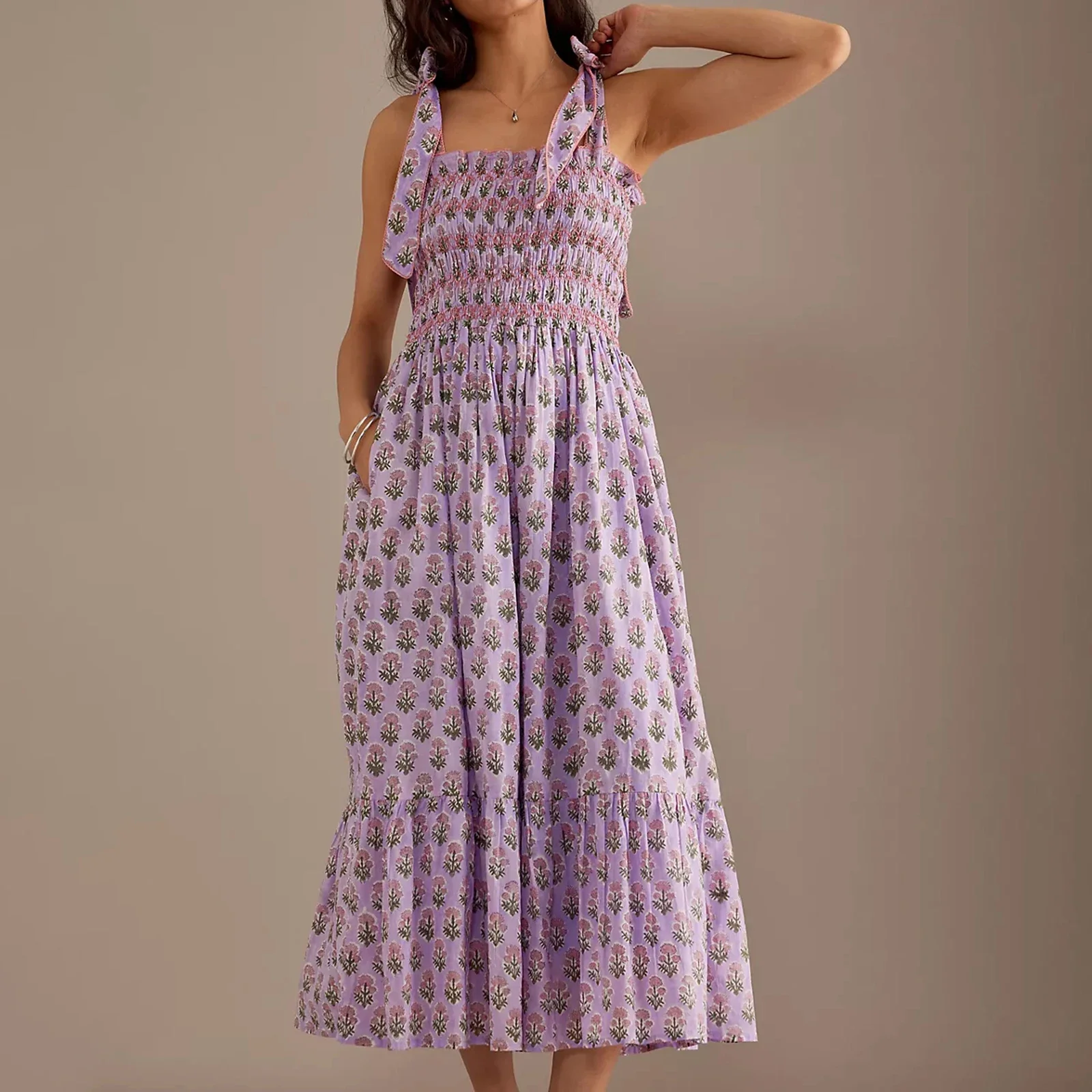 Vestido Midi acampanado de verano para mujer, estampado Floral bohemio, correa de lazo, cintura alta, sin espalda, suelto