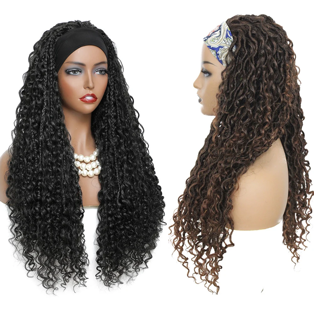 Curly Faux Locs Braid Wig with Headband 24 Inch Crochet Hair Dreadlocks Braided Wigs Soku Black Synthetic Headband Wig for Women