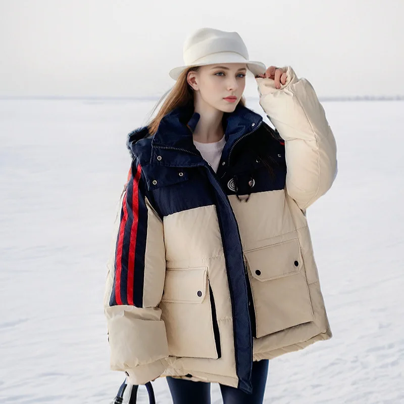 2024 Winter Women's Short Cotton Jacket Female Contrast Hooded Tooling Cotton Parkas Jacket Women's Thicken Warm Clothing