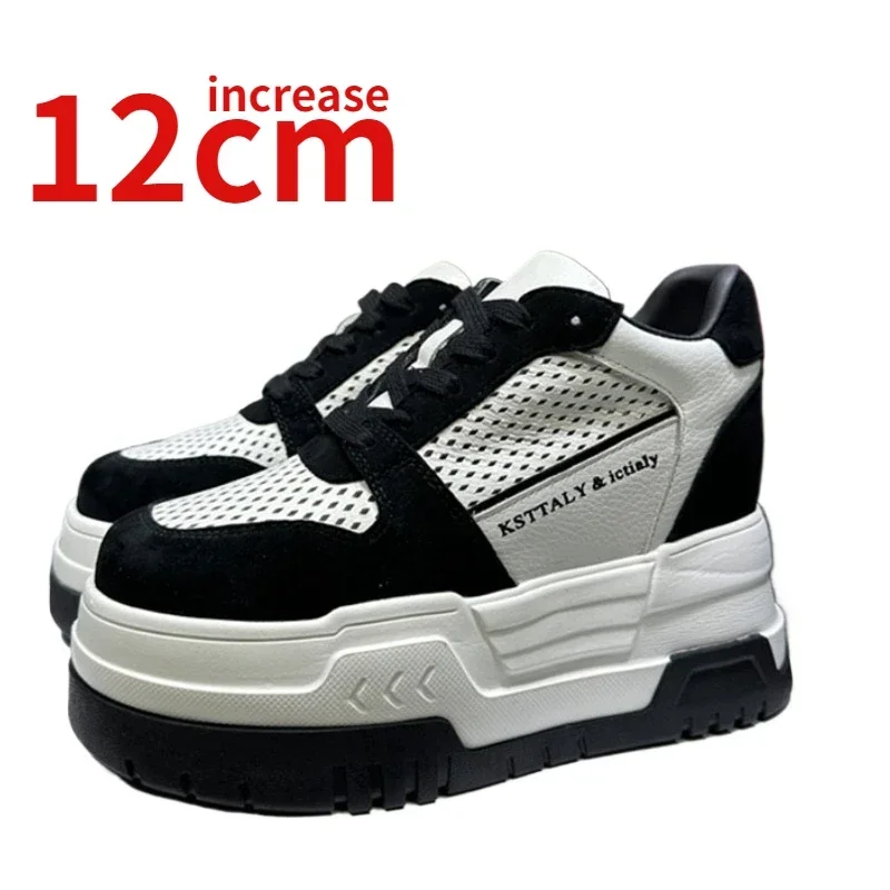 Invisible Inner Height Increased 12CM Casual Shoes for Women Genuine Leather Thick-soled Platform Summer Thin Hollow Dad's Shoes