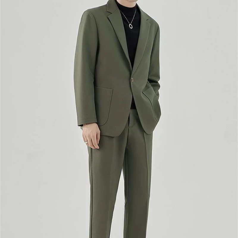 2 Piece Outfit Set Male Solid Color Youth Trends Costumes Ceremony Pants Full Men\'s Suits and Blazers Clothes Classic Elegant