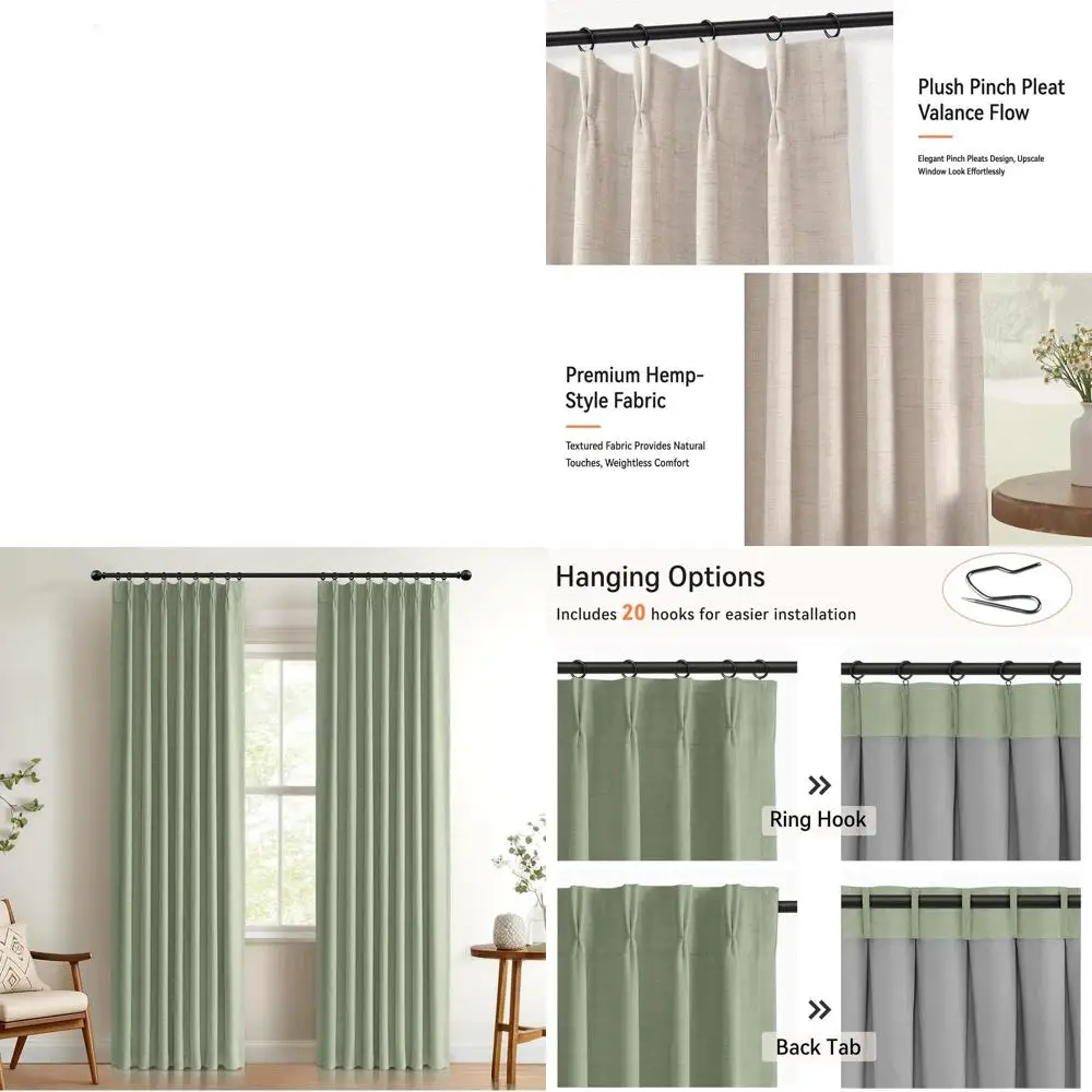 

Sage Green Linen-Style Textured Pinch Pleat Curtains, 96 Blackout Panels, 40 Wide