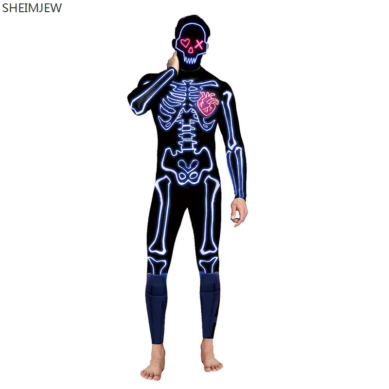 Assustador Laser Bone Line Cosplay Outfit, Macacões Sexy, Bodysuit de Festa de Halloween, Zentai Suit para Mulheres e Homens, Rave Set, Novo, 3D