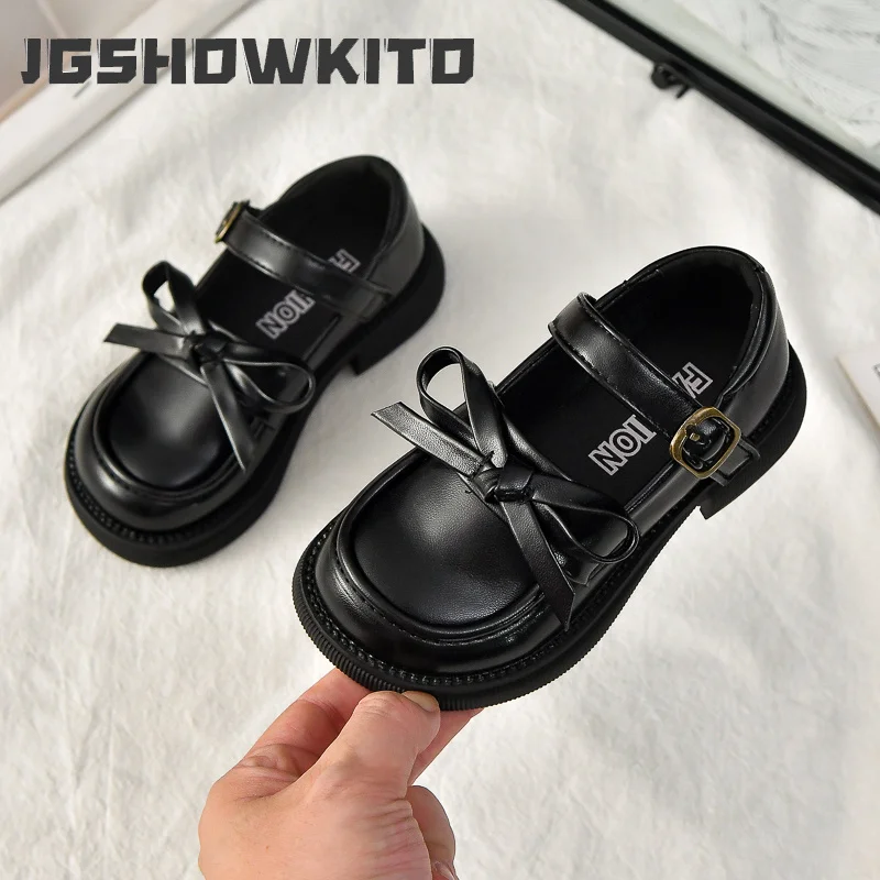 JGSHOWKITO Kids Black Shoes for Girls Dress Shoes with Cute Bow for Party Non-slip Princess Children School Mary Jane Flats Ins