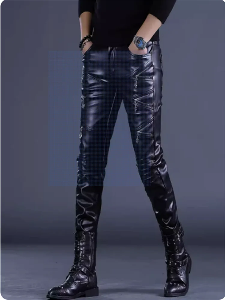 2023 Men's show Leather pants Nightclub bar DS singer Hipster male dj show dress slim pants Punk stud pants