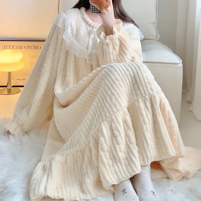 Large Size Coral Fleece Nightgown Women Winter Warm Sleepwear  Korean Sweet Flannel Pajamas Cozy Night Dress Loose Home Clothes