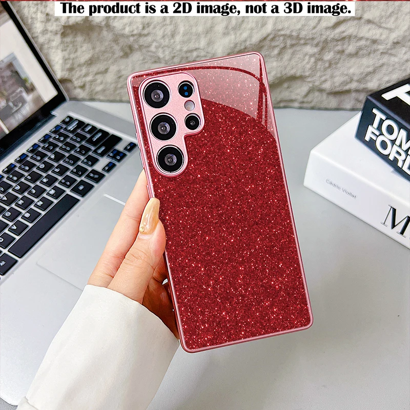 Red Base Fine Glitter 2D Glass Case For Samsung S/A Series, Anti-drop Full Coverage Cover