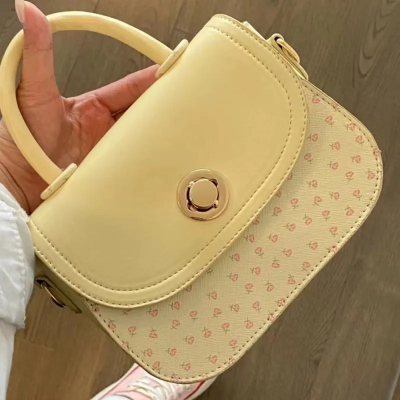 

Sweet Cute Yellow Handbag Women Floral Patchwork Large Capacity Saddle Bag Ladies Elegant Lightweight Versatile Crossbody Bags