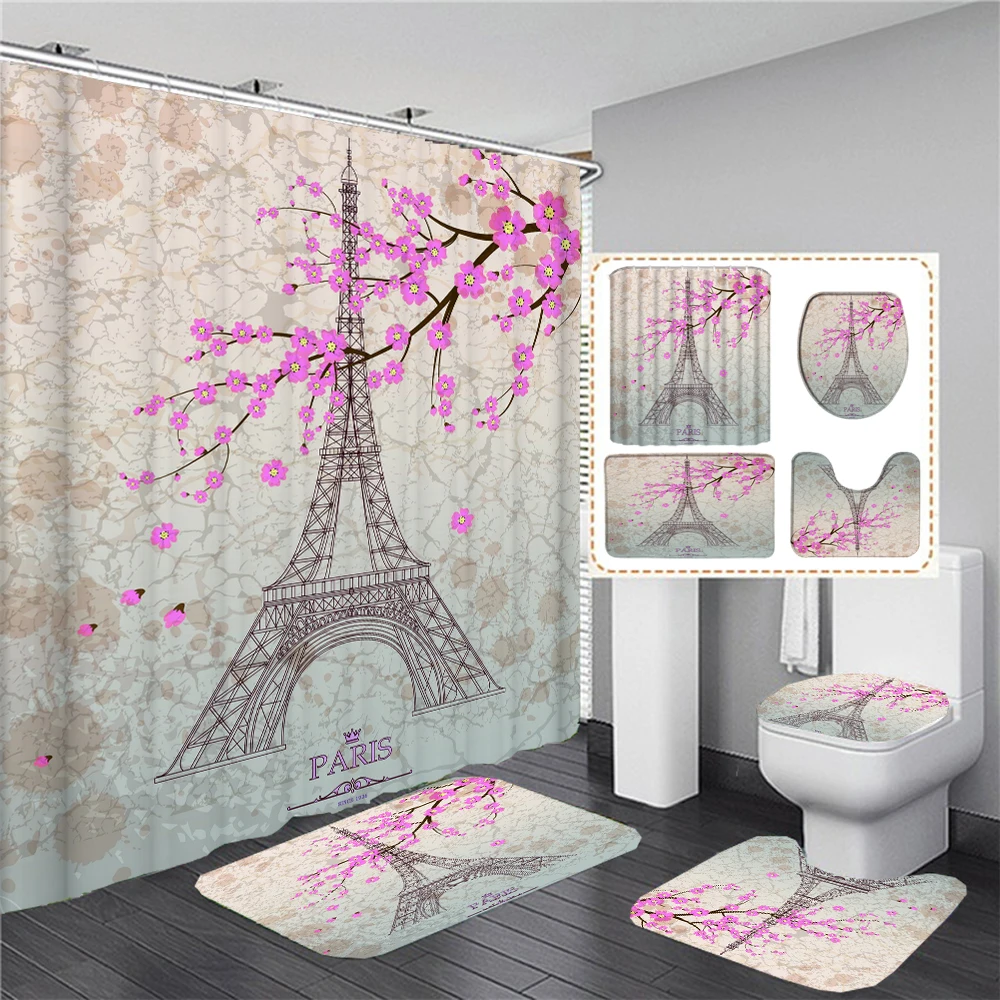 

Waterproof Shower Curtain Sets with Rugs Paris Tower Scenery Bath Rug and Mats with Hooks Toilet Seat Cover Bathroom Decor