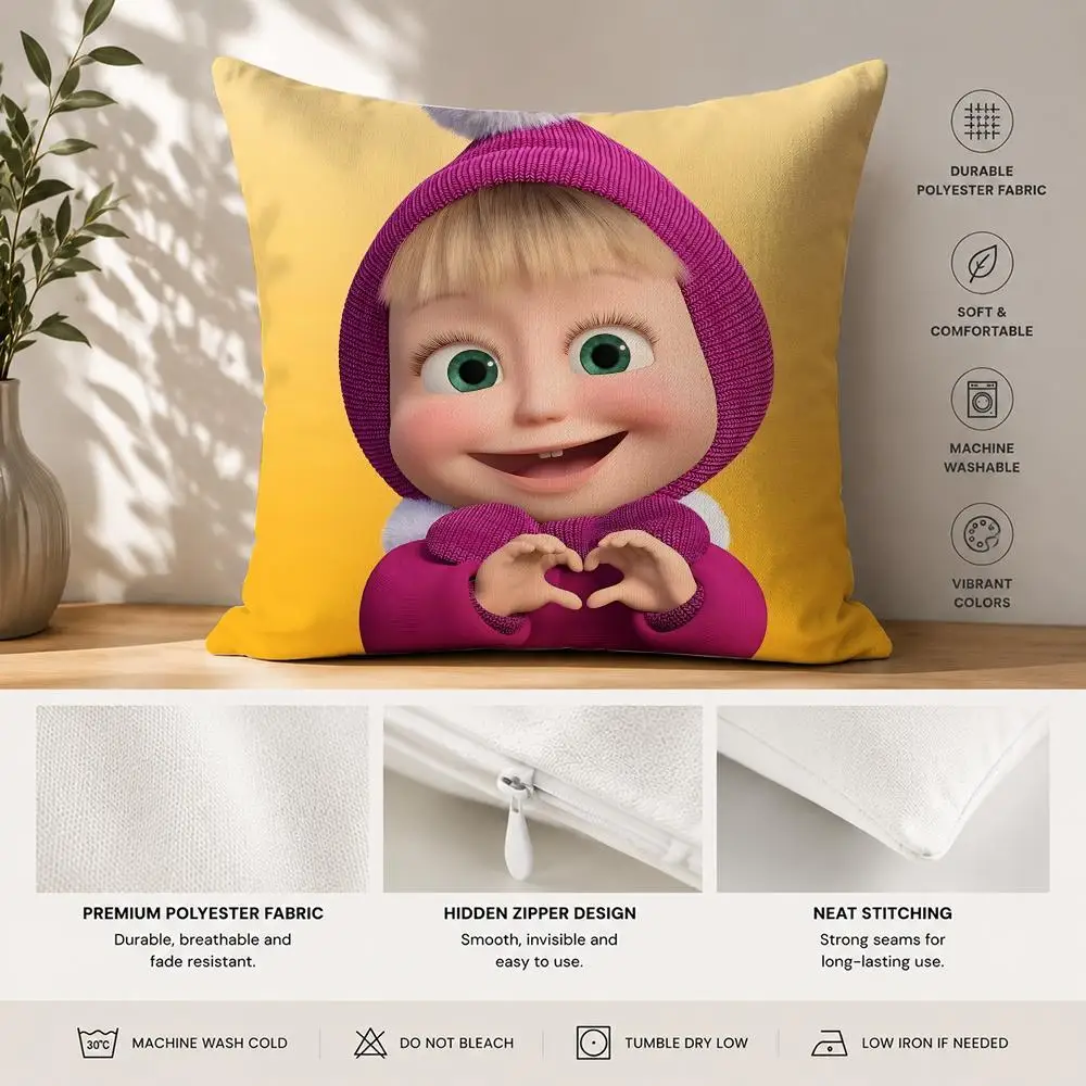 M-Masha And The Bear Cushion Cover 40x40cm Square Decorative Sofa Cushion Cover Bedroom Living Room Home Decor Gift