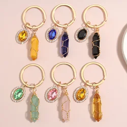 Colorful Natural Stone Keychain Wire Wrap Stone Key Ring Acrylic Beads Key Chains Souvenir Gifts For Women Men Handmade Jewelry