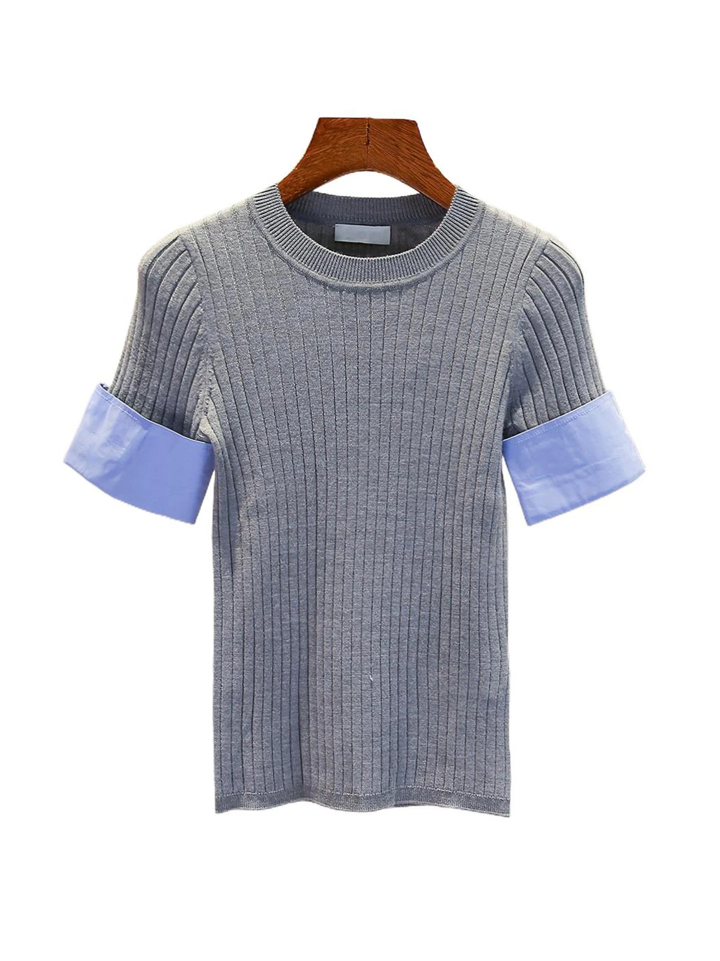 S Home South Oil High-End-Damen-T-Shirt, lässig, gestrickt, ort Sve, rund, Ne Splice, schmale Passform, vielseitiges Top für den Herbst