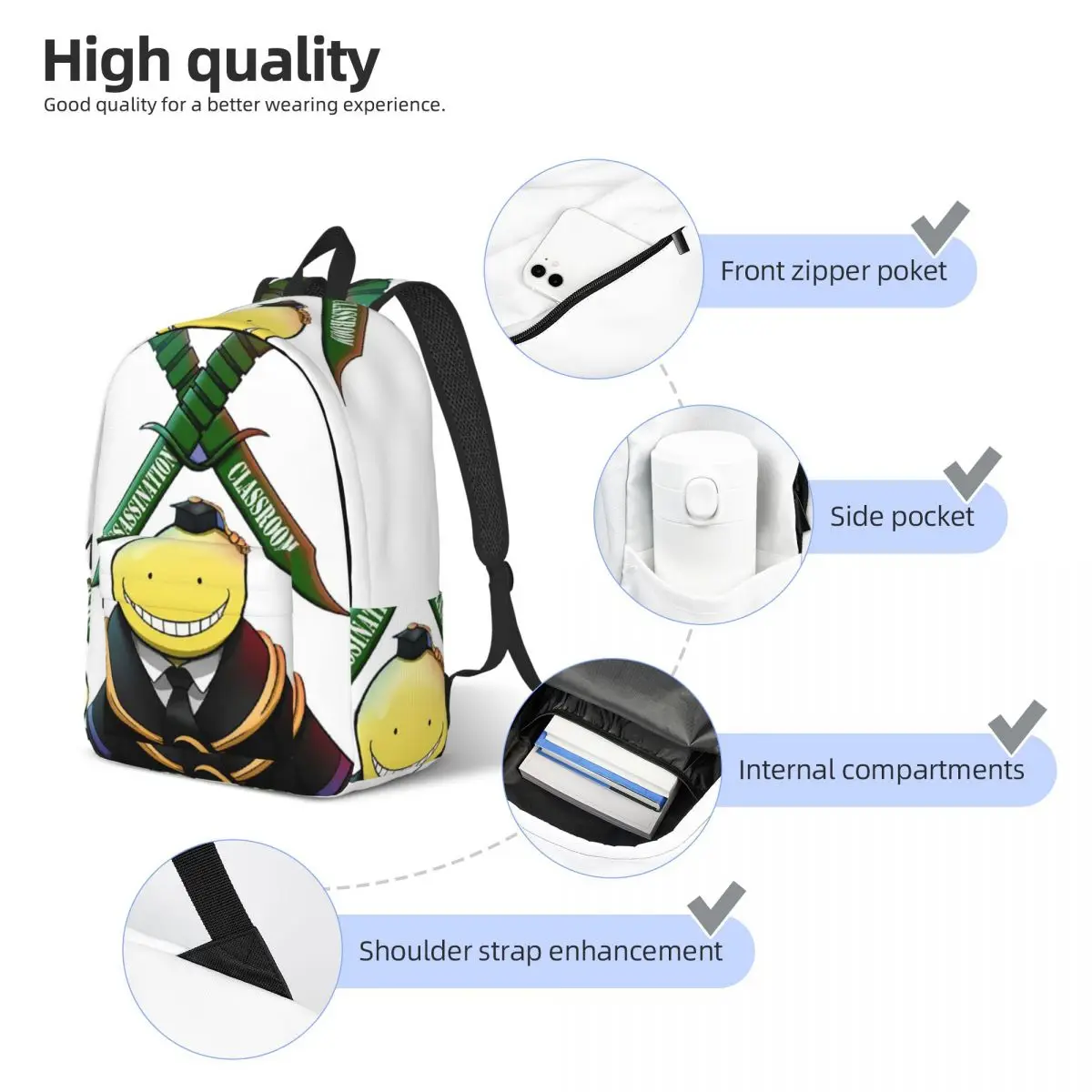 Assassination Classroom Octopus Koro Sensei Student Backpack School Bag Hiking Travel Daypack for MenWomen Bookbag Shoulder Bags