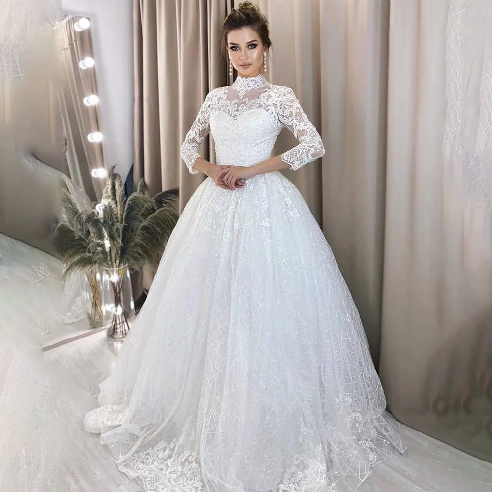 Vintage High Neck 3/4 Sleeves Lace Applique A Line Wedding Dresses Cut Back Custom Made Bridal Grown Vestido De Noival