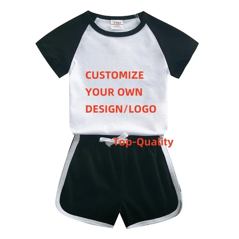 Children's Short Sleeve Patchwork T-shirt + Striped Shorts Boys Girls' Set Summer Sports Two-piece Blank DIY Custom LOGO Image