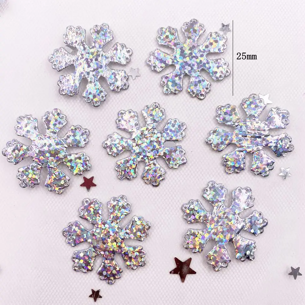 120PCS  Glitter Silver Snowflake Cloth Appliques Wedding DIY Sewing Patch Accessories DIY Bow Craft Christmas Decor   XE351