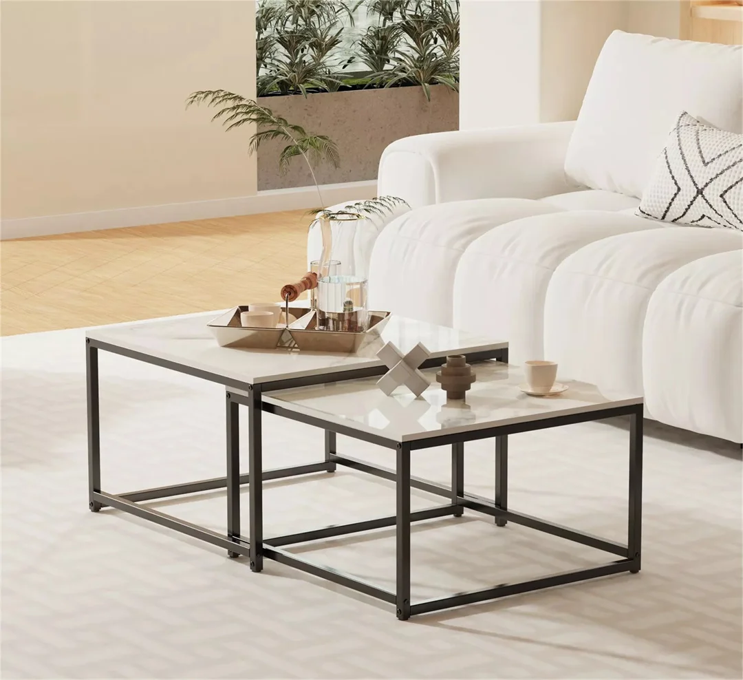 LUVODI Set of 2 Living Room Stackable Rectangle Nesting Coffee Accent Tables with Black n White Sintered Stone Tabletop