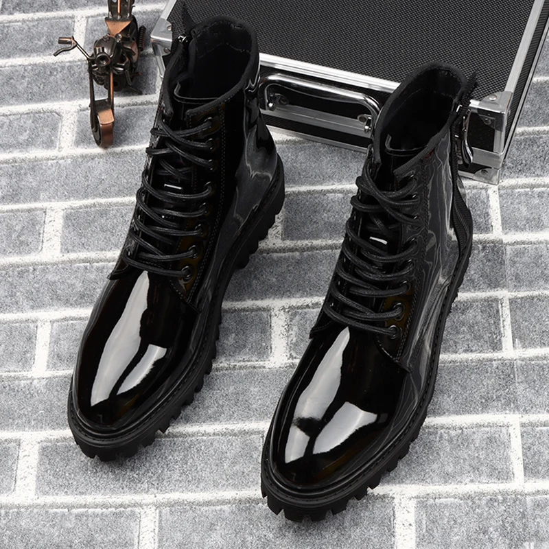 men luxury fashion patent leather boots black trend autumn winter shoes party nightclub platform boot handsome ankle botas male