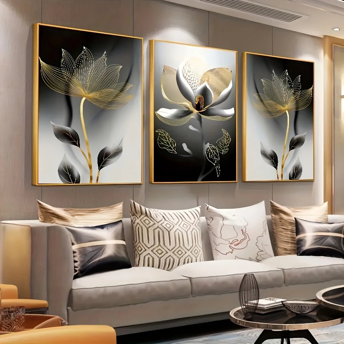 3pcs Modern Luxury Oversized Floral Art Canvas Prints - Unframed, Golden & Black Lotus Flower Design for Living Room Decor, Eleg
