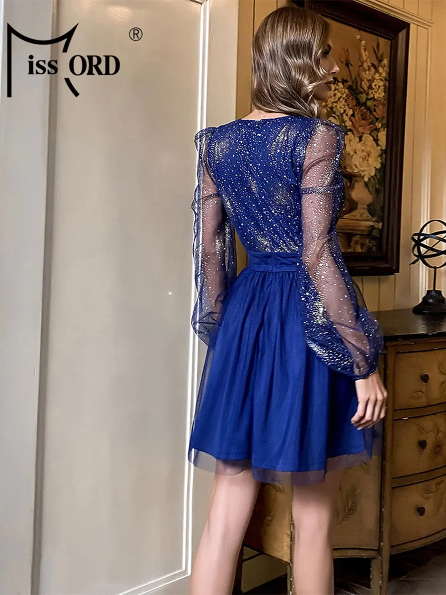 Missord Glitter Blue Mini Tulle Dress Women Deep V Neck See Through Lantern Sleeve Short Casual Party Dresses Ball Gown