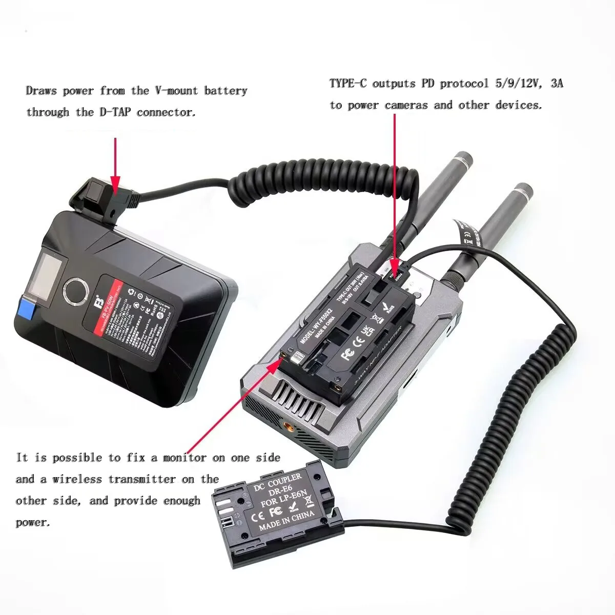 Пирографии D-tap для двойных аккумуляторов Sony NP-F550/F750/F970 с выходной портом Type-C Интерфейс батареи NP-F Тройник-конвертер Кабель