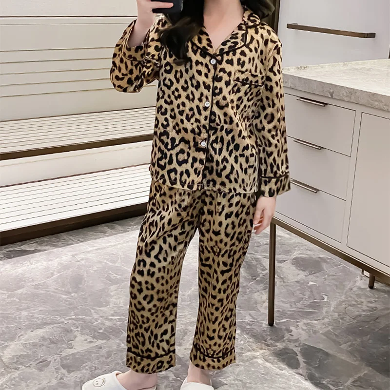 2PCS 2024 Children's Summer Long sleeved Leopard Pattern Shirt Top+Pants Satin Silk Comfortable Girls and Youth Pajama Set 5-10Y