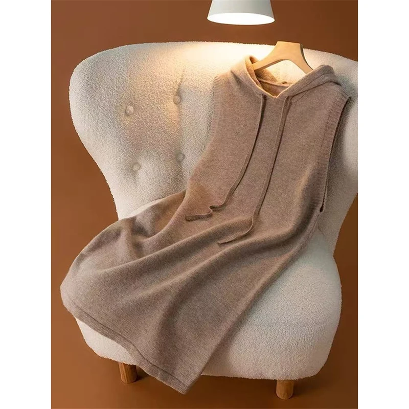 Fashion Hoodie Cashmere Vest Dress Women Soft Solid Loose Sleeveless Wool Dress Autumn Casual Tank Top Dress New